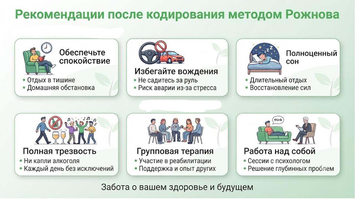 Инфографика с рекомендациями после кодирования методом Рожнова: правила трезвости и реабилитации.